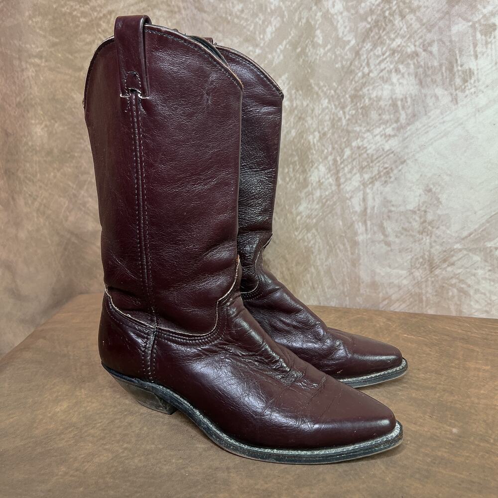 Vintage Maroon Western Boots 90s Leather Calf High Cowgirl Festival Rodeo Cowboy